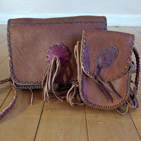 Vintage Handmade Boho Hippie Leather crossbody purse set - Picture 1 of 16